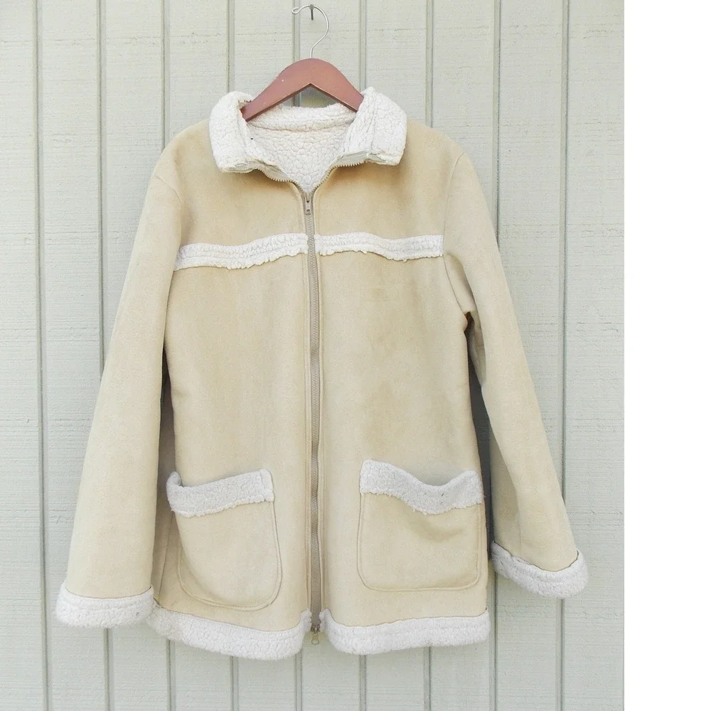 Unbranded Shearling Coat Faux Suede Sherpa Lined Jacket Womens Large Tan Beige